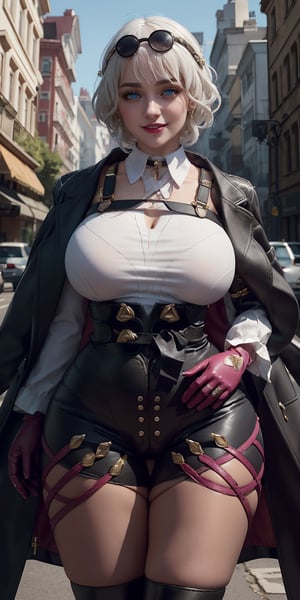 More Detail, Detailedface, Detailedeyes, Masterpiece, ((1 girl, adorable, happy)), ((KafkaOutfit, coat, eyewear on head, gloves)), (white hair, short hair, blue eyes, makeup), (large breasts, large ass, thick thighs, wide hips, abs, voloptuous), 