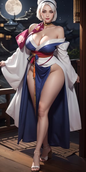 More Detail, Detailedface, Detailedeyes, ((1 girl, adorable, happy)), ((cleavage, bare shoulders, kimono, off shoulder, wide sleeves)), (headband, white hair, short hair, makeup), (large breasts, large ass, thick thighs, wide hips, abs, voloptuous), background moon 