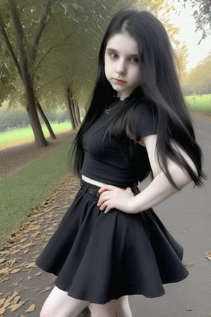 1 goth girl, petite, (((12yo))), (((noNUDE))), full_body, Selfie, Long black wild hair, ((viewed_from_side 1.4)), Short black skirt  (((pale skin 1.4))), ln Avenue Full People 