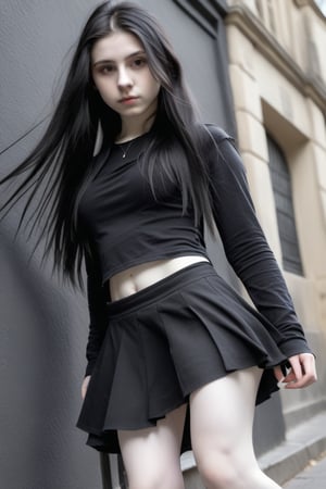 1 goth girl, petite, (((16yo))), (((noNUDE))), full_body, Selfie, Long black wild hair, ((viewed_from_side 1.4)), Short black skirt  (((pale skin 1.4))), ln street 