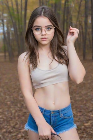 16yo american instagram influencer, brunette, (((Nude))), (((Full body))),(wire rim glasses:1.4), [steel blue eyes], capture this image with a high resolution photograph using an 85mm lens for a flattering perspective
