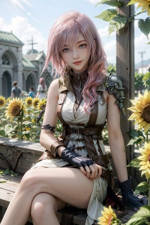 (masterpiece, best quality:1.3)    LightningFF13,  1girl, solo, pink hair, sitting in a sunflower field, smiling, sunlight