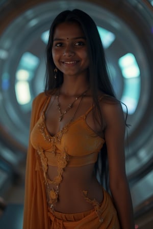 A stunning, realistic photography of a 15-year-old Malayali (Mallu) girl, radiating youthful beauty. She is dressed (((micro bikini))), featuring a Kerala pattupavada—a beautiful, flowing Kerala gown—and a matching blouse. A delicately draped shawl (sholl) adds an elegant touch to her outfit, highlighting her cultural heritage.

The background contrasts with her traditional look, set inside a futuristic spacecraft with a Mars Effect game theme. The environment is filled with advanced technology, with holographic displays, sleek metallic surfaces, and soft neon lighting that creates an otherworldly ambiance. The lighting subtly illuminates her face, enhancing her natural beauty and creating a blend of old-world charm and futuristic aesthetics.

The overall composition focuses on her serene and graceful presence, emphasizing her traditional attire against the backdrop of a high-tech, space-age setting. This creates a captivating fusion of culture and science fiction, making the image both visually striking and unique.
