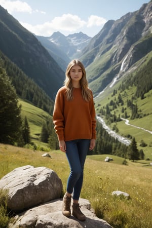 (((16yo))), (((nonude))), (((Full body)))  with dark blonde hair, masterpiece,(intricate details) highly detailed, vibrant, production film, ultra high quality, photography style, Extremely Realistic, (((Dramatic light))), mountain scenery, outdoor, daylight, Masterpiece,photorealistic,base model,photography,detailed face features,source_real,