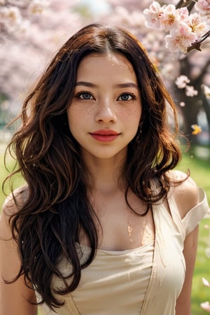 1girl, solo, realistic wet skin, light particle, long hair, looking at viewer, brown hair, jewelry, green eyes, upper body, flower, outdoors, parted lips, day, blurry, lips, petals, depth of field, facial mark, cherry blossoms, wind, freckles, nose, branch, Energy light particle mecha,Light particle,slim fit,Light particles and spark,Mallu