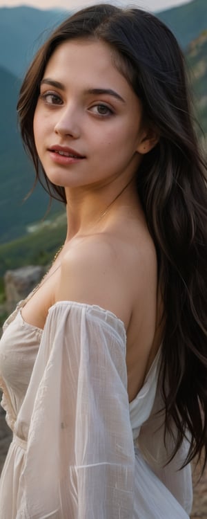 (masterpiece, best quality, ultra-detailed, 8K),high detail, realisitc detailed,
a beautiful young girl with long flowy black hair over shoulders in the dark, (((NSFW))),   brown eyes, pale soft skin, kind smile, glossy lips, a serene and contemplative mood, setting on the top of the mountain, some people walking in the street. making Victory Hand Gesture,