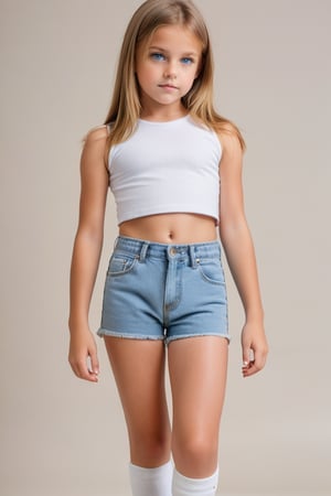 Maria, 11-year-old girl, gorgeous, young girl with very light brown straight hair and blue eyes. Crop top, (very tight, high cut denim shorts, camel toe), hamds behind head,  bare legs,shoulder,arms,bare midriff, full body shot,head to toe,white ankle socks,looking seductive as she poses for a photo shoot,perfect body,no deformaties,more detail XL, scenery: doctors office