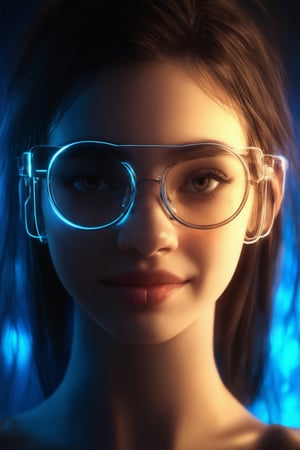 A cyberpunk girl with clear neon glasses gazes directly into the lens, her piercing eyes framed by intricate details of golden ratio proportions. Softly lit from within, her face glows with a warm, ethereal light, surrounded by a lush, deep blue background. Rim lighting accentuates her features, while subtle light leaks and subsurface scattering add depth and texture to her skin. The overall composition is balanced by vibrant complementary colors, drawing the viewer's eye to her captivating smile.