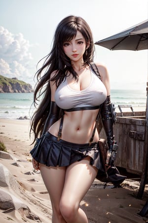 (8k, RAW photo, photorealistic: 1.25), 1girl, tifa lockhart, with gold details, (full body: 1.2), (big Boobs), (highly detailed skin: 1.2), ((thin slim waist: 1, 4)), dynamic pose, well lit by the sun, ((looking at the viewer)), Tifa, TifaFF7, white shirt, black nano skirt, suspenders, 1 girl, beautiful face, beautiful eyes, blue night sky, beach background , colorful, (NSFW), (oiled body:1.3)