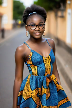 a Ultra-high-res masterpiece of African Queen, (((17yo))),(((NONUDE))), ((((NSFW))), (((medium sized breasts))), posing solo in a stunning mini dress, her single eyelids and small eyes captivating as she bends over, (((lifting the skirt to reveal a glimpse of her panties))). Her luscious locks frame her striking features, accentuated by a pair of trendy glasses. She looks directly at the viewer, exuding confidence and beauty as if on a busy street.,Beauty,Black girl,17yo ,African girl