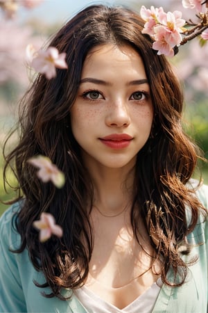 1girl, solo, realistic wet skin, light particle, long hair, looking at viewer, brown hair, jewelry, green eyes, upper body, flower, outdoors, parted lips, day, blurry, lips, petals, depth of field, facial mark, cherry blossoms, wind, freckles, nose, branch, Energy light particle mecha,Light particle,slim fit,Light particles and spark,Mallu