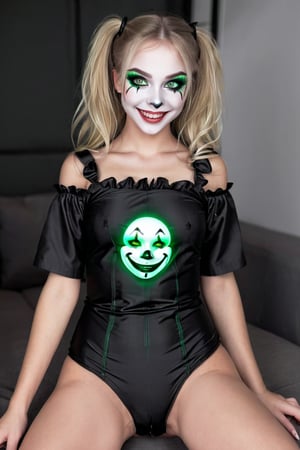 Black and white vintage full body photo of a  teen girl with glowing green eyes and clown makeup, by Artgerm, anime cgi style, creepypasta, about to devour you, mischievous smile, creepy pose, kabuki makeup, yume nikki, hyperreal render, [grinning evily], anigirl batman, lori earley, noire,Vanessa,full body, Micro bikini 