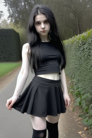 1 goth girl, petite, (((12yo))), (((noNUDE))), full_body, Selfie, Long black wild hair, ((viewed_from_side 1.4)), Short black skirt  (((pale skin 1.4))), ln Avenue Full People 