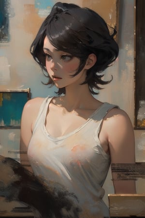 (Abstract painting:1.4), closeup, portrait,adult kuchiki Rukia, outdoor, suggestive look, looking at viewer seductively, Impressionism, Dramatic intense light, wearing a tank top with poking nipples, short dark hair, soft tits,renaissance, dramatic shadows, painted by Zhaoming Wu, (impasto), (visible brushwork)