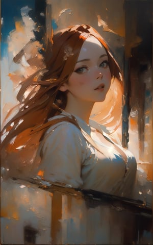 (Abstract painting:1.4), closeup, portrait,adult lady, outdoor, suggestive look, looking at viewer seductively, Impressionism, Dramatic intense light, wearing an open uniform with, soft tits,renaissance, dramatic shadows, painted by Zhaoming Wu, (impasto), (visible brushwork), long orange hair, Orihime,