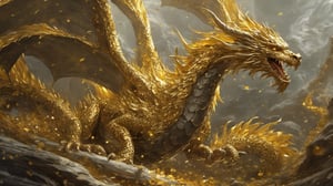 "Envision a majestic dragon, a beacon of opulence and wealth, its entire being a radiant display of golden splendor. Its expansive scales are the hue of pure gold, each reflecting the light like the finest bullion, and engraved with ancient symbols of prosperity. In its mighty talons, it grasps a treasure trove, brimming with golden coins and sparkling with a wealth of jewels. The dragon's eyes are a brilliant golden yellow, with flecks that catch the light like flecks of gold leaf, exuding a sense of luxury and grandeur. As the dragon majestically traverses the firmament, it trails a luminous golden mist and a cascade of golden leaves that mimic the look of currency in a windfall, signifying a ceaseless stream of affluence. It soars against a backdrop where the stars themselves take on the golden shimmer of coins, and nebulae swirl with the luster of liquid gold. This magnificent dragon is a symbol of ultimate fortune, its golden presence heralding a time of unparalleled prosperity and good fortune for all who gaze upon it."






