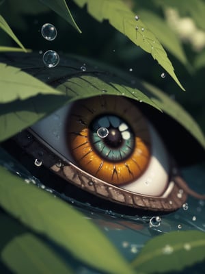 solo,  looking at viewer,  blurry,  depth of field,  leaf,  close-up,  spikes,  blurry foreground,  water drop,  eye focus