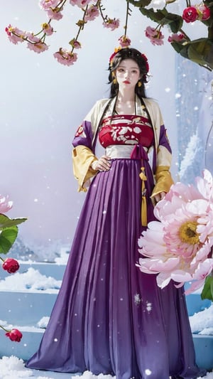 hanfu, Best Quality, masterpiece, (Snowing:1.5),1 girl, (long hair:1.2),  (big breasts:1.69),(Upper body photo:1.3),hanfu,18-year-old , exquisite , extreme face,creamy skin, fair skin,realistic skin details, (super-detail) , long hair, (big breasts:1.59),1girl,long skirt,long sleeves,(Peony flowers, plum blossoms:1.5),(flower:1.3,tangdynastyhanfu, hanfu2,myhanfu, chang,Sit on the steps, hands on hips