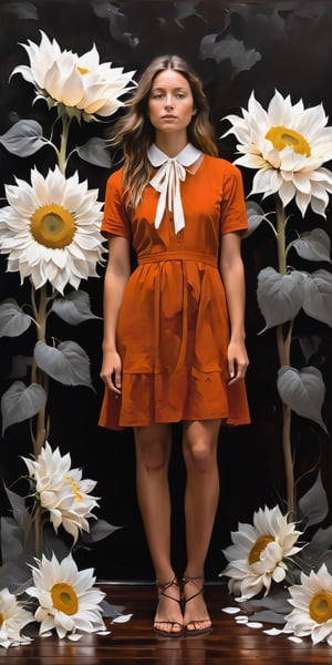 Create an artwork features a young girl standing to the left, rendered in a realistic style with a somber, contemplative expression. Her hair is tousled, and her gaze is directed away from the viewer, seemingly lost in thought. She is dressed in a rustic, burnt orange dress with a white collar, and holds a red book tightly against her side. One foot is slightly forward, emphasizing her barefoot stance on a dark wooden floor scattered with white petals or papers. Behind her is a backdrop of large, meticulously sketched sunflowers on a textured white canvas, contrasting with the bold, red wall to her right. The interplay of vivid colors and detailed pencil work creates a poignant image that is both striking and introspective.