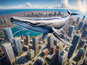 gray whale flying in the sky flying in the sky, gray whale flying in the sky flying over a city skyline full of buildings, epic daylight, solo, dynamic angle,