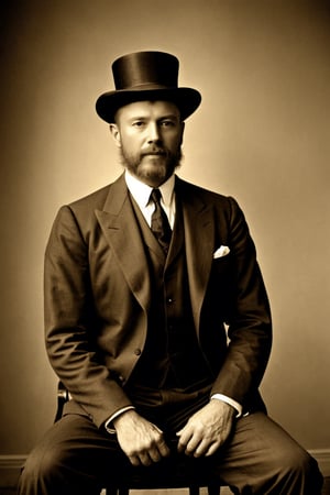 Photograph of a beautiful Russian man, mature, 40yo, muscular. The photograph is in sepia colors, it is an old photograph, old photography effect.

The man wears a suit. He is sitting in a chair from the beginning of the 20th century, very serious. He is a mature man with a period hat. It's an old photograph. He is in a room in a house.