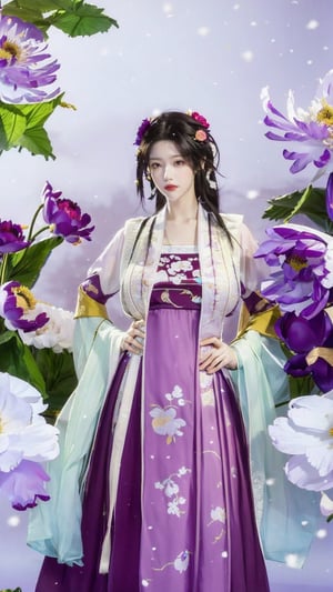 hanfu, Best Quality, masterpiece, (Snowing:1.5),1 girl, (long hair:1.2),  (big breasts:1.69),(Upper body photo:1.3),hanfu,18-year-old , exquisite , extreme face,creamy skin, fair skin,realistic skin details, (super-detail) , long hair, (big breasts:1.59),1girl,long skirt,long sleeves,(Peony flowers, plum blossoms:1.5),(flower:1.3,tangdynastyhanfu, hanfu2,myhanfu, chang,Sit on the steps, hands on hips