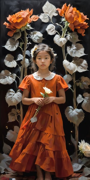 Create an artwork features a young girl standing to the left, rendered in a realistic style with a somber, contemplative expression. Her hair is tousled, and her gaze is directed away from the viewer, seemingly lost in thought. She is dressed in a rustic, burnt orange dress with a white collar, and holds a red book tightly against her side. One foot is slightly forward, emphasizing her barefoot stance on a dark wooden floor scattered with white petals or papers. Behind her is a backdrop of large, meticulously sketched sunflowers on a textured white canvas, contrasting with the bold, red wall to her right. The interplay of vivid colors and detailed pencil work creates a poignant image that is both striking and introspective.