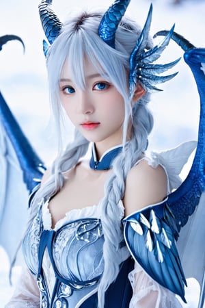 ((best quality)), ((masterpiece)), ((ultra-detailed)), extremely detailed CG, (illustration), ((detailed light)), (an extremely delicate and beautiful), a girl, solo, ((upper body,)), ((cute face)), expressionless, (beautiful detailed eyes), blue dragon eyes, (Vertical pupil:1.2), white hair, shiny hair, colored inner hair, (Dragonwings:1.4), [Armor_dress], blue wings, blue_hair ornament, ice adorns hair, [dragon horn], depth of field, [ice crystal], (snowflake), [loli], [[[[[Jokul]]]]]