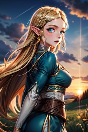 best_quality,masterpiece,1girl,long_hair,green_eyes,golden_earrings,golden_necklace,sunset,the_top_of_the_hill,in_a_meadow,(zelda:1.2),princess_zelda