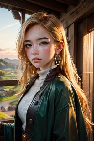 best_quality,masterpiece,1girl,long_hair,blond_hair,((green_eyes)),golden_earrings,expressionless,the_top_of_the_hill,in_spring,sunrise