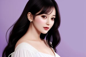 pretty woman, purple background, ckear image, high resolution, high pixels, black hair, long hair, with white dress, forty years old