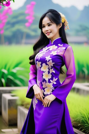 pretty woman, clear image, high resolution, high pixels, black hair, long hair, with purple Vietnamese ao dai, Vietnamese non la