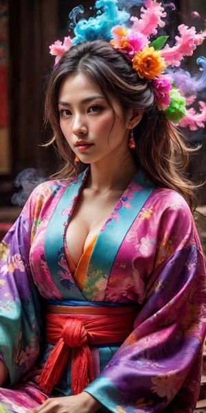 High quality, realistic, highly detailed CG unified 8k wallpaper, very detailed, high definition raw color photo, (photorealistic:1.5), beautiful young girl, super beautiful detailed face, bewitching, sexy, erotic, (fine face:1.2), cowboy shot, kimono made of seven colors of cotton candy, fluffy vibrant colored kimono, pink, blue, green, yellow, purple, orange, red color blending seamlessly from one color to the next, beautiful detailed woman, (slightly open mouth, sexy look), (beautiful breasts), (whole body slender:1.2), sitting sideways, sitting in beautiful sitting position, beautiful curves, (no bra:1.5), exposed cleavage, bare shoulders, (super stylish kimono:1.5), (expensive kimono:1.5), (red kimono), voluptuous mature woman, bewitching in her teens, Super stylish lighting, ((Color Splash)), ((Colorful)), ((Fluffy Color Smoke)),