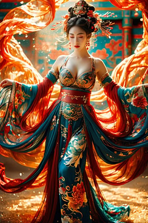 (Masterpiece, Best Quality: 1.5), (Fantasy Photo), A girl in an elegant Jin costume, surrounded by swirling ink effects, a costume decorated with intricate patterns, a sea of red and black. Standing gracefully inside, she is looking into the distance and lost in thought, cowboy shot, gentle expression, white skin, beautiful face, detailed and perfect face, perfect proportions, ((huge breasts:2)) , thin waist, navel, crotch gap, big buttocks, sexy thighs, beautiful legs, beautiful curves, ink liquid dancing gracefully around her, creating a dreamy atmosphere, soft lighting, soft Light, ambient lighting, (dynamic pose, change pose, dynamic angle,),
Body turn 109 degrees, glitter, Dunhuang,