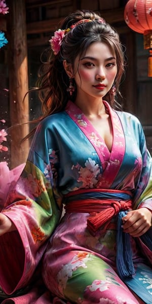 High quality, realistic, highly detailed CG unified 8k wallpaper, very detailed, high definition raw color photo, (photorealistic:1.5), beautiful young girl, super beautiful detailed face, bewitching, sexy, erotic, (fine face:1.2), cowboy shot, kimono made of seven colors of cotton candy, fluffy vibrant colored kimono, pink, blue, green, yellow, purple, orange, red color blending seamlessly from one color to the next, beautiful detailed woman, (slightly open mouth, sexy look), (beautiful breasts), (whole body slender:1.2), sitting sideways, sitting in beautiful sitting position, beautiful curves, (no bra:1.5), cleavage, shoulders bare, (super stylish kimono:1.5), (expensive kimono:1.5), (red kimono), voluptuous mature woman, bewitching, super stylish lighting, color splash, colorful,