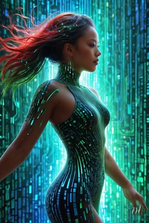 high quality, 8K Ultra HD, by FuturEvoLab, Imagine a vibrant canvas illuminated by a cascade of colorful binary code, forming the silhouette of a captivating woman, The dynamic lines and patterns, reminiscent of a digital dance, weave together to create a harmonious fusion of technology and art, The binary code, in hues ranging from electric blues to radiant reds and vivid greens, breathes life into the woman's form, Her silhouette emerges as a synthesis of the digital and the organic, a testament to the seamless integration of technology and beauty in your masterful creation, high detailed, 