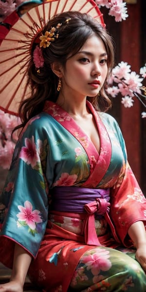 High quality, realistic, highly detailed CG unified 8k wallpaper, very detailed, high definition raw color photo, (photorealistic:1.5), beautiful young girl, super beautiful detailed face, bewitching, sexy, erotic, (fine face:1.2), cowboy shot, kimono made of seven colors of cotton candy, fluffy vibrant colored kimono, pink, blue, green, yellow, purple, orange, red color blending seamlessly from one color to the next, beautiful detailed woman, (slightly open mouth, sexy look), (beautiful breasts), (whole body slender:1.2), sitting sideways, sitting in beautiful sitting position, beautiful curves, (no bra:1.5), cleavage, shoulders bare, (super stylish kimono:1.5), (expensive kimono:1.5), (red kimono), voluptuous mature woman, bewitching, super stylish lighting, color splash, colorful,