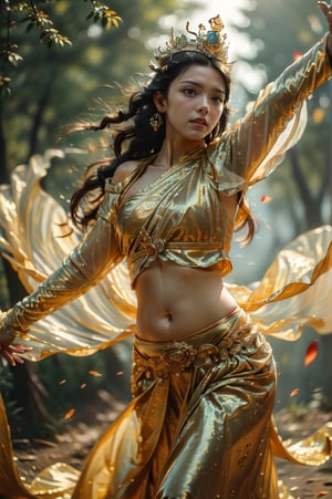 (8k, RAW photo, highest quality, masterpiece), highest quality, (correct anatomy), (photorealistic), sharp focus, 1girl, Asian dancer, round face, big eyes, bewitching, sexy, erotic, perfect makeup , beautiful face, detailed and perfect face, perfect proportions, huge breasts, small waist, navel, crotch gap, thighs, dancing wildly, messy hair and costume, bewitching, (hair crown:1.2 ), traditional Chinese Dunhuang style clothing, no shoulder straps, lace armor, earrings, dynamic angles, messy long hair, cinematic lighting, lens flare, velvet, chrysanthemums, nipple tassels, ribbons, color embroidery, (dance dynamic Pose:1.4), (Bewitching pose:1.3), (Dynamic angle), In the mountains, Forest, Bamboo forest, (Depth field:1.3), Blur,