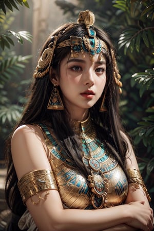 Best quality, Masterpiece, Ultra High Resolution, (Fidelity:1.2), (Realistic:1.3), 1woman, mature Egyptian woman, green eyes, black hair flaps, portrait, solo, upper body, looking at viewer, detailed background, detailed face, ancient Egyptian theme, modern Egyptian clothing, obsidian, defensive stance, stone knife, bushes, poisonous plants, rocks,  humid climate, darkness, cinematic atmosphere,
dark chamber, dim light (zentangle, mandala, tangle, entangle), (golden and green tone:0.5)
(35mmstyle:1.1), front, masterpiece, 2020s film, cinematic lighting, photo-realistic, high frequency details, 35mm film, (film grain), film noise,Shiny_skin,egyptian style
