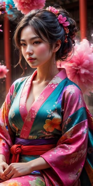 High quality, realistic, highly detailed CG unified 8k wallpaper, very detailed, high definition raw color photo, (photorealistic:1.5), beautiful young girl, super beautiful detailed face, (fine face:1.2), beautiful detailed woman in kimono made of seven colors of cotton candy, fluffy vibrant colored kimono, pink, blue, green, yellow, purple, orange, red color blending seamlessly from one color to the next, (slightly open mouth, sexy look), (beautiful breasts), (whole body slender:1.2), sitting sideways, sitting in beautiful sitting position, beautiful curves, (no bra:1.5), cleavage, shoulders bare, (super stylish kimono:1.5), (expensive kimono:1.5), (red kimono), voluptuous mature woman, seductive, super stylish lighting, color splash, colorful,
