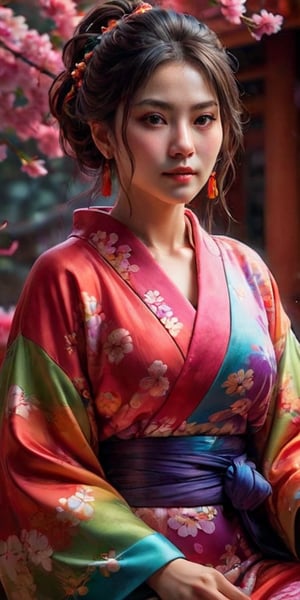 High quality, realistic, highly detailed CG unified 8k wallpaper, very detailed, high definition raw color photo, (photorealistic:1.5), beautiful young girl, super beautiful detailed face, (fine face:1.2), beautiful detailed woman in kimono made of seven colors of cotton candy, fluffy vibrant colored kimono, pink, blue, green, yellow, purple, orange, red color blending seamlessly from one color to the next, (slightly open mouth, sexy look), (beautiful breasts), (full body:1.2), sitting cross-legged, sitting in beautiful sitting position, beautiful curves, (no bra:1.5), (super stylish kimono:1.5), (expensive kimono:1.5), (red kimono), voluptuous mature woman, seductive, super stylish lighting,