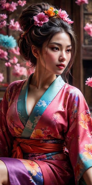 High quality, realistic, highly detailed CG unified 8k wallpaper, very detailed, high definition raw color photo, (photorealistic:1.5), beautiful young girl, super beautiful detailed face, bewitching, sexy, erotic, (fine face:1.2), cowboy shot, kimono made of seven colors of cotton candy, fluffy vibrant colored kimono, pink, blue, green, yellow, purple, orange, red color blending seamlessly from one color to the next, beautiful detailed woman, (slightly open mouth, sexy look), (beautiful breasts), (whole body slim:1.2), sitting sideways, sitting in beautiful sitting position, beautiful curves, (no bra:1.5), exposed cleavage, bare shoulders, (super stylish kimono:1.5), (expensive kimono:1.5), (red kimono), voluptuous mature woman, bewitching, super stylish lighting, color splash, colorful,