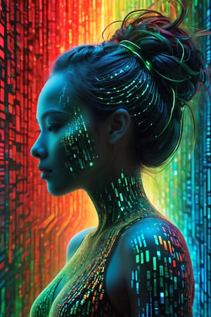 high quality, 8K Ultra HD, by FuturEvoLab, Imagine a vibrant canvas illuminated by a cascade of colorful binary code, forming the silhouette of a captivating woman, The dynamic lines and patterns, reminiscent of a digital dance, weave together to create a harmonious fusion of technology and art, The binary code, in hues ranging from electric blues to radiant reds and vivid greens, breathes life into the woman's form, Her silhouette emerges as a synthesis of the digital and the organic, a testament to the seamless integration of technology and beauty in your masterful creation, high detailed, 