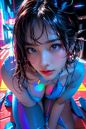 1 girl, looking at the viewer, clear blue eyes, plump body, indifferent, (class theme: 1.5), finger details, background details, ambient lighting, extreme details, cinematic shot, realistic illustration, (muted tones: 1.3), (ultra-detailed: 1.2), masterpiece, (big breasts), perfect skin, (highly detailed skin: 1.2), sitting, cross-legged, big breasts, (hands behind head), (kneeling), high transparent stockings, translucent panties (RAW photo, best quality), (realistic, photo-realistic: 1.3), best quality, masterpiece, beauty and aesthetics, 16K, (HDR: 1.4), high contrast, (vibrant colors: 1.4), (pastel colors, dull colors, muted tones: 0), Cinematic lighting, Ambient lighting, Side lighting, Fine details and textures, Cinematic lenses,