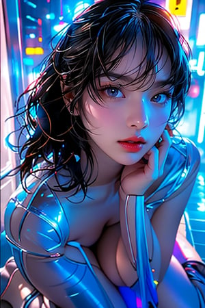 1 girl, looking at the viewer, clear blue eyes, plump body, indifferent, (class theme: 1.5), finger details, background details, ambient lighting, extreme details, cinematic shot, realistic illustration, (muted tones: 1.3), (ultra-detailed: 1.2), masterpiece, (big breasts), perfect skin, (highly detailed skin: 1.2), sitting, cross-legged, big breasts, (hands behind head), (kneeling), high transparent stockings, translucent panties (RAW photo, best quality), (realistic, photo-realistic: 1.3), best quality, masterpiece, beauty and aesthetics, 16K, (HDR: 1.4), high contrast, (vibrant colors: 1.4), (pastel colors, dull colors, muted tones: 0), Cinematic lighting, Ambient lighting, Side lighting, Fine details and textures, Cinematic lenses,