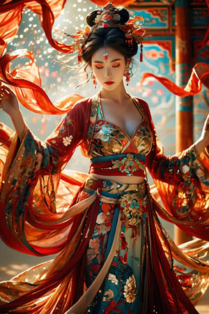 (Masterpiece, Best Quality: 1.5), (Fantasy Photo), A girl in an elegant Jin costume, surrounded by swirling ink effects, a costume decorated with intricate patterns, a sea of red and black. standing gracefully inside, she is looking into the distance and pensive, cowboy shot, gentle expression, white skin, beautiful face, detailed and perfect face, beautiful eyes, even eyes, big dark eyes, perfect Beautiful proportions, ((huge breasts: 2)), slender waist, navel, crotch gap, big butt, sexy thighs, beautiful legs, beautiful curves, and the ink liquid dancing gracefully around her, creating a fantastic atmosphere. Exudes soft lighting, soft light, ambient lighting, (dynamic pose, changing pose, dynamic angle,),
Body turn 109 degrees, glitter, Dunhuang,