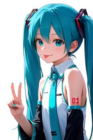 score_9, score_8_up, score_7_up, simple shading, 1girl, hatsune miku,solo,long hair,twintails,necktie,detached sleeves,aqua hair, squint aqua eyes, white background,simple shirt,simple background,hair ornament,black sleeves,sleeveless, arm up, smile,beautiful hands,detailed hands,perfect hands,beautiful_female_fingers, one hand with V sign, bleh face, tongue out:0.1, steaming body:1.4