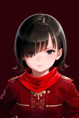 score_9, score_8_up, score_7_up, masterpiece, 1 girl, mature girl:0.01, asia, solo, twenty-five-year-old 25 years old, straight eyebrows, medium half black eyes, medium nose, medium lips, light lips color, medium eyes, black hair, bob hair over one eye, light skin, small breast, glare:0.1, upper body, stare:0.2, red jacket, fagon viendra, ((wine color background)), closed mouth, full body, face_scarf, (small red scarf), hands on hips,beautiful hands,detailed hands,perfect hands,beautiful_female_fingers