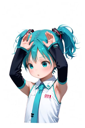 score_9, score_8_up, score_7_up, simple shading, 1girl, baby, 1 year old, hatsune miku,solo,short hair,twintails,necktie,detached sleeves,aqua hair, squint aqua eyes, white background,simple shirt,simple background,hair ornament,black sleeves, sleeveless, blush:0.5, arms up, beautiful hands,detailed hands,perfect hands,beautiful_female_fingers, yawn:0.5, fagon viendra