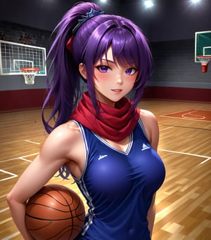  fagon viendra, Masterpiece, highest quality, high brightness, 1 girl, purple hair, hair ornament, sportswear, baseketball, basketball match, face_scarf